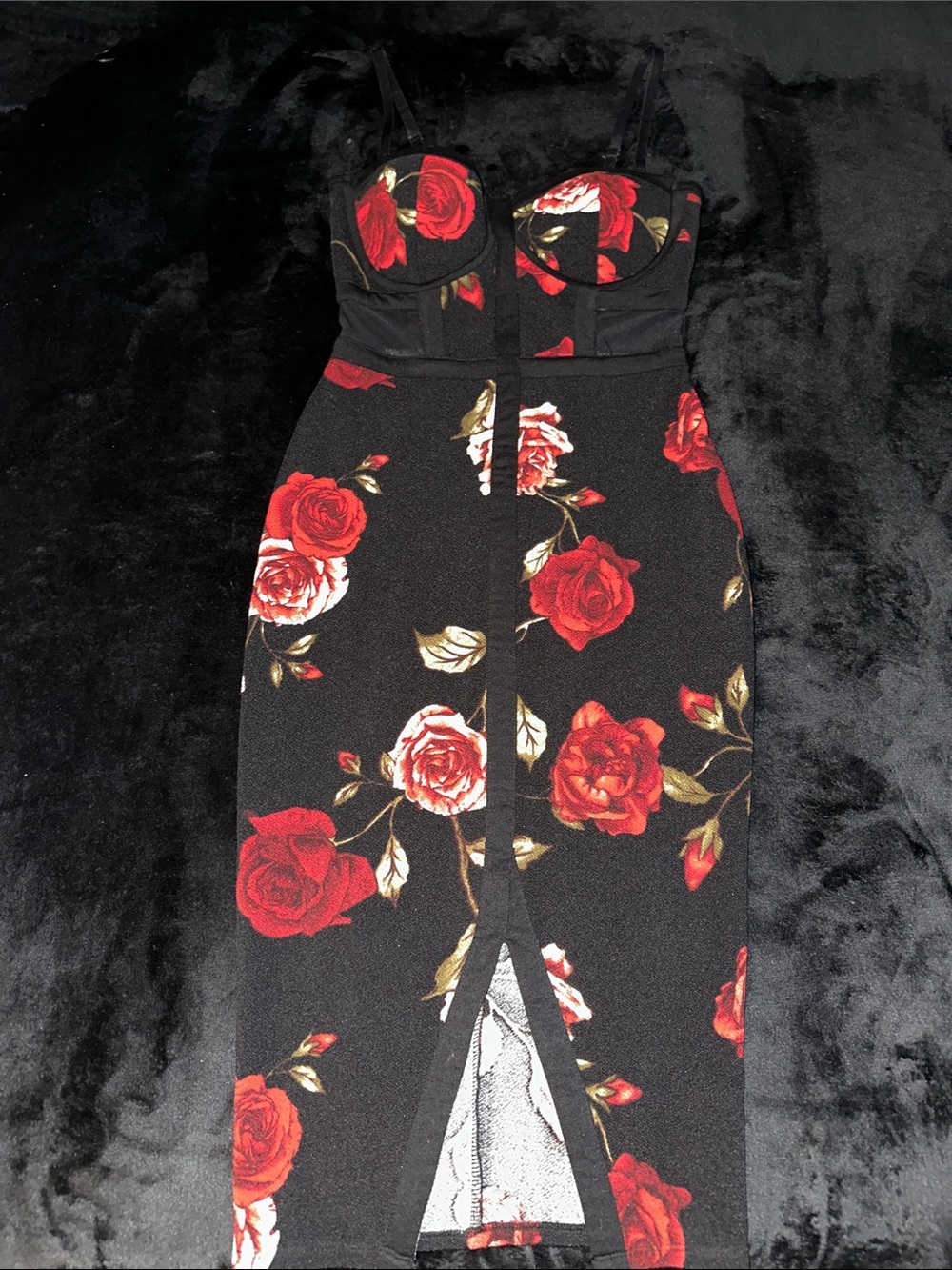 Material Girl Black Midi Dress with Red Rose Print